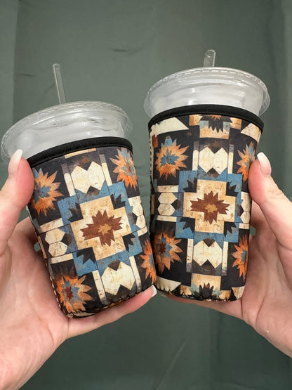 Southwestern Quilt Aztec Coffee Sleeve | Reusable Neoprene Iced Coffee Cup Cover (16–24oz) BashDesignsCo
