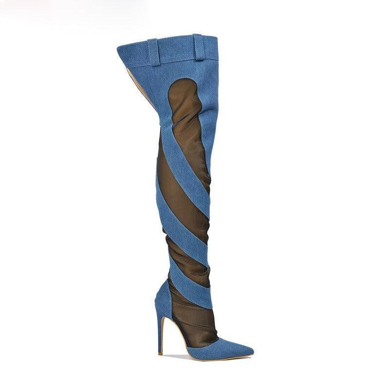 Patchwork Thigh High Knee Boots - Brazen Blue & Jet Black | Ultra High Heels Country in My Heart