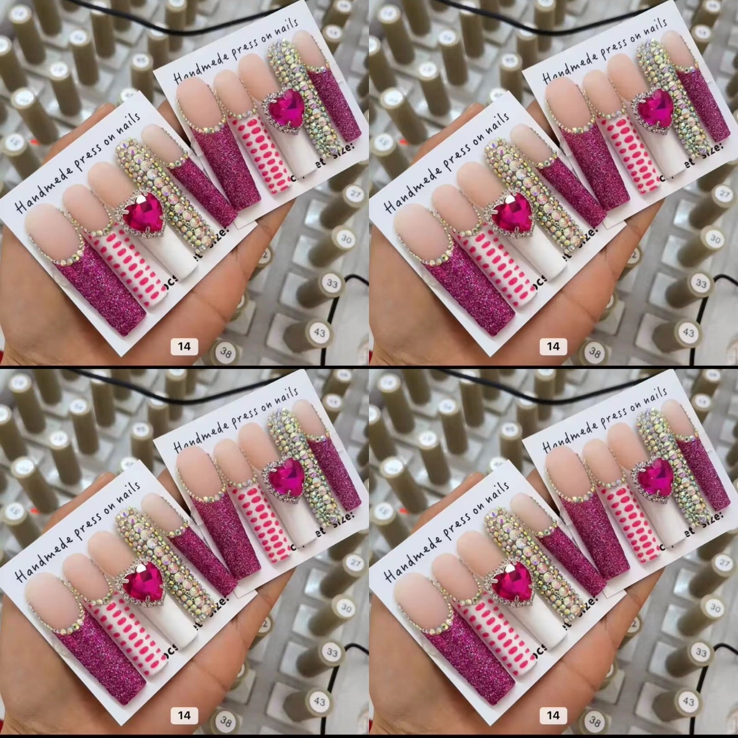Pink long crystal press on nails HOL stores