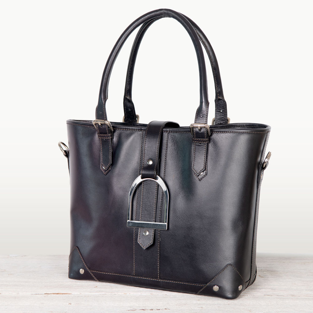 Signature - Riding Stirrup Tote Luxury Leather Handbag in Black Urban-Equestrian