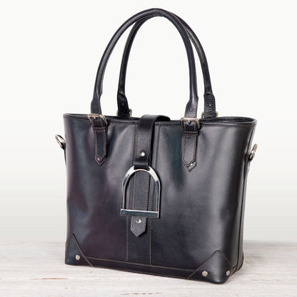 Signature - Riding Stirrup Tote Luxury Leather Handbag in Black Urban-Equestrian