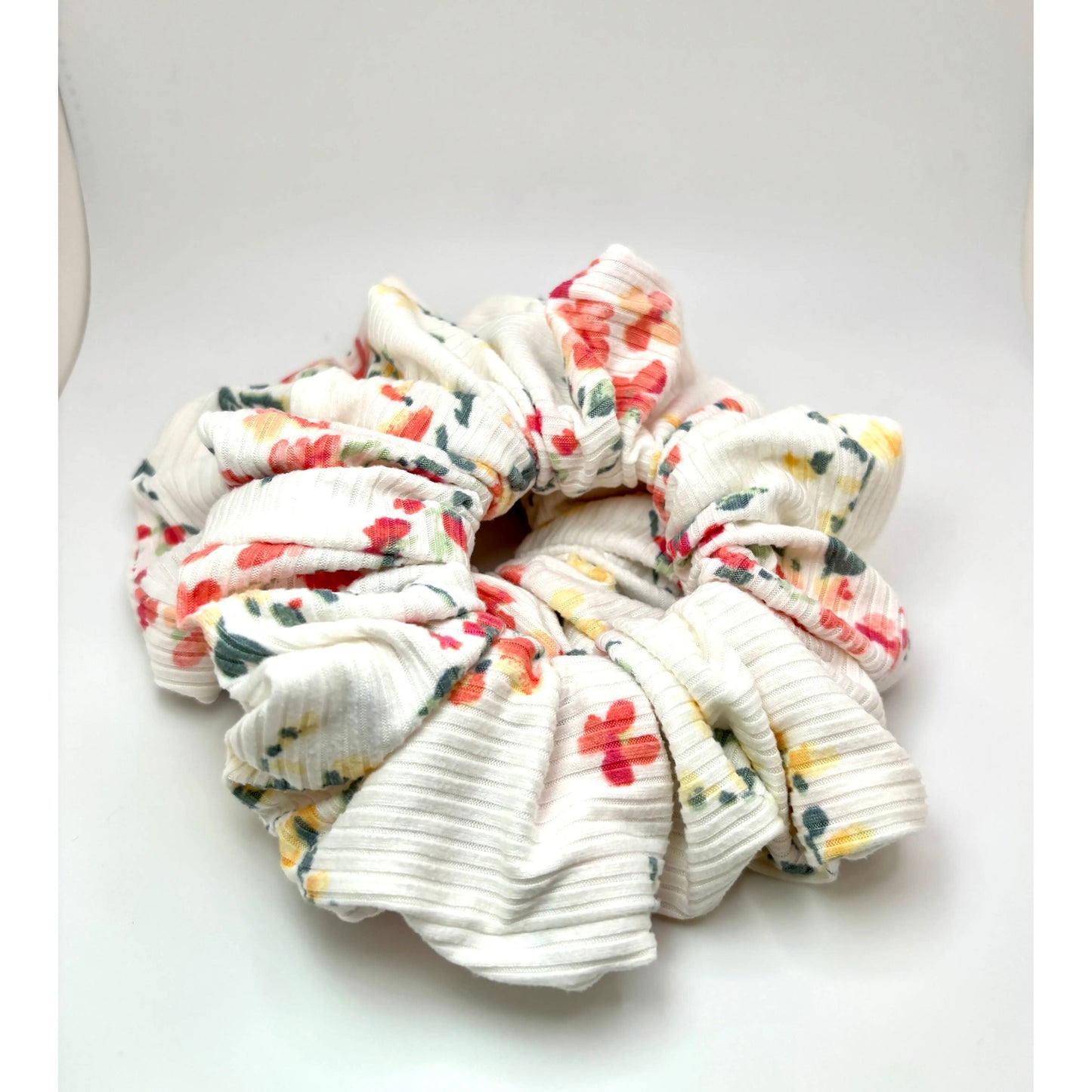 White Floral Summer Ribbed Scrunchie Enchanted Scrunch