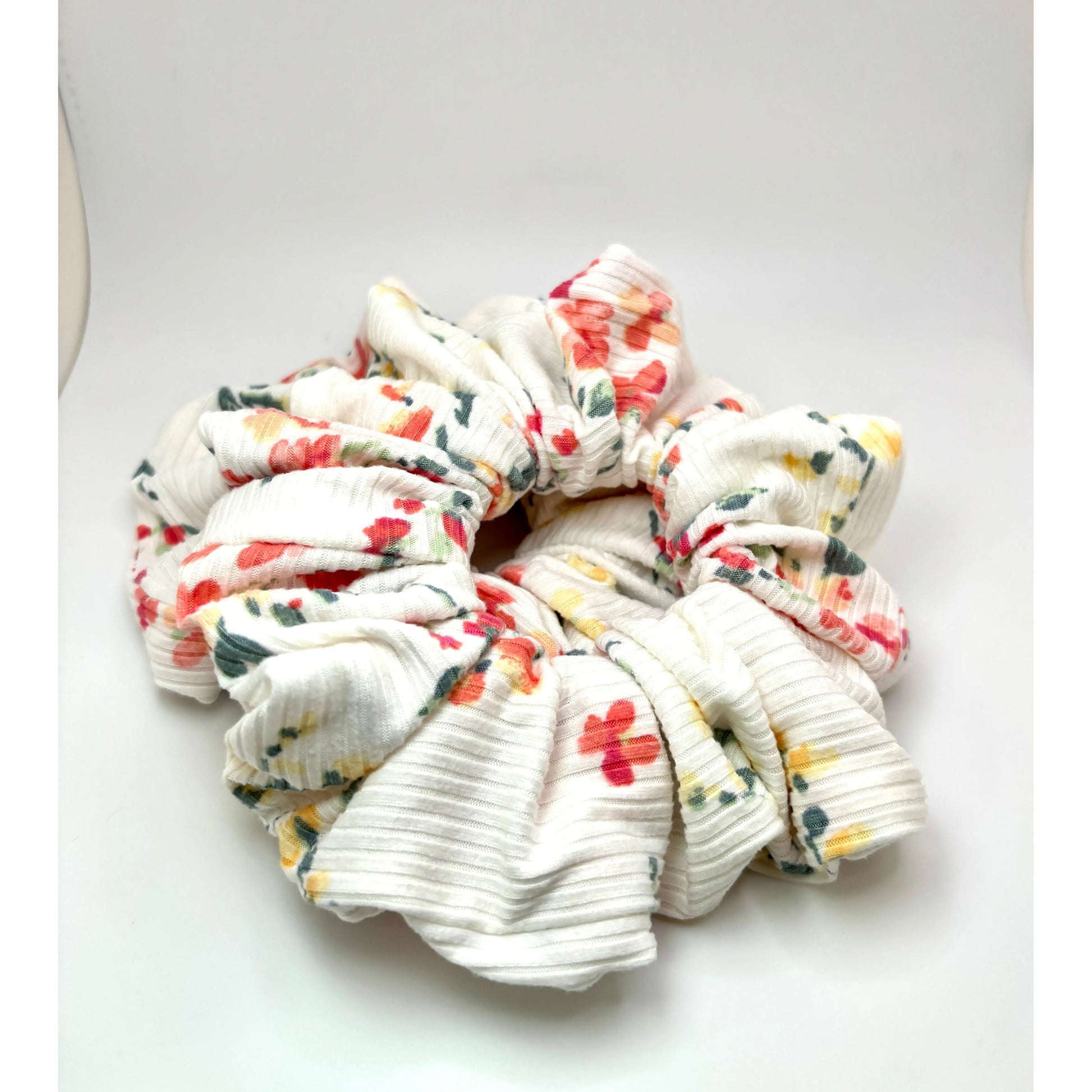 White Floral Summer Ribbed Scrunchie Enchanted Scrunch