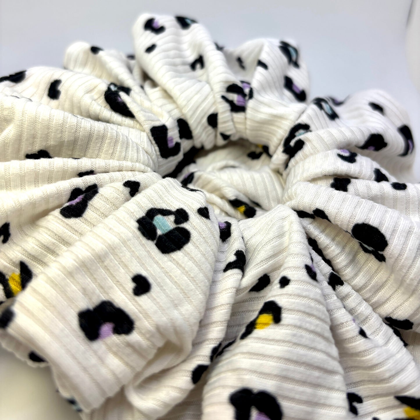 White Colorful Cheetah Ribbed Scrunchie Enchanted Scrunch