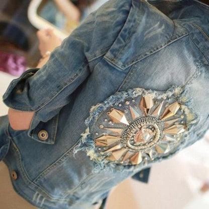 Cute Diamonds Encrusted Half Sleeve Denim Jacket Country in My Heart