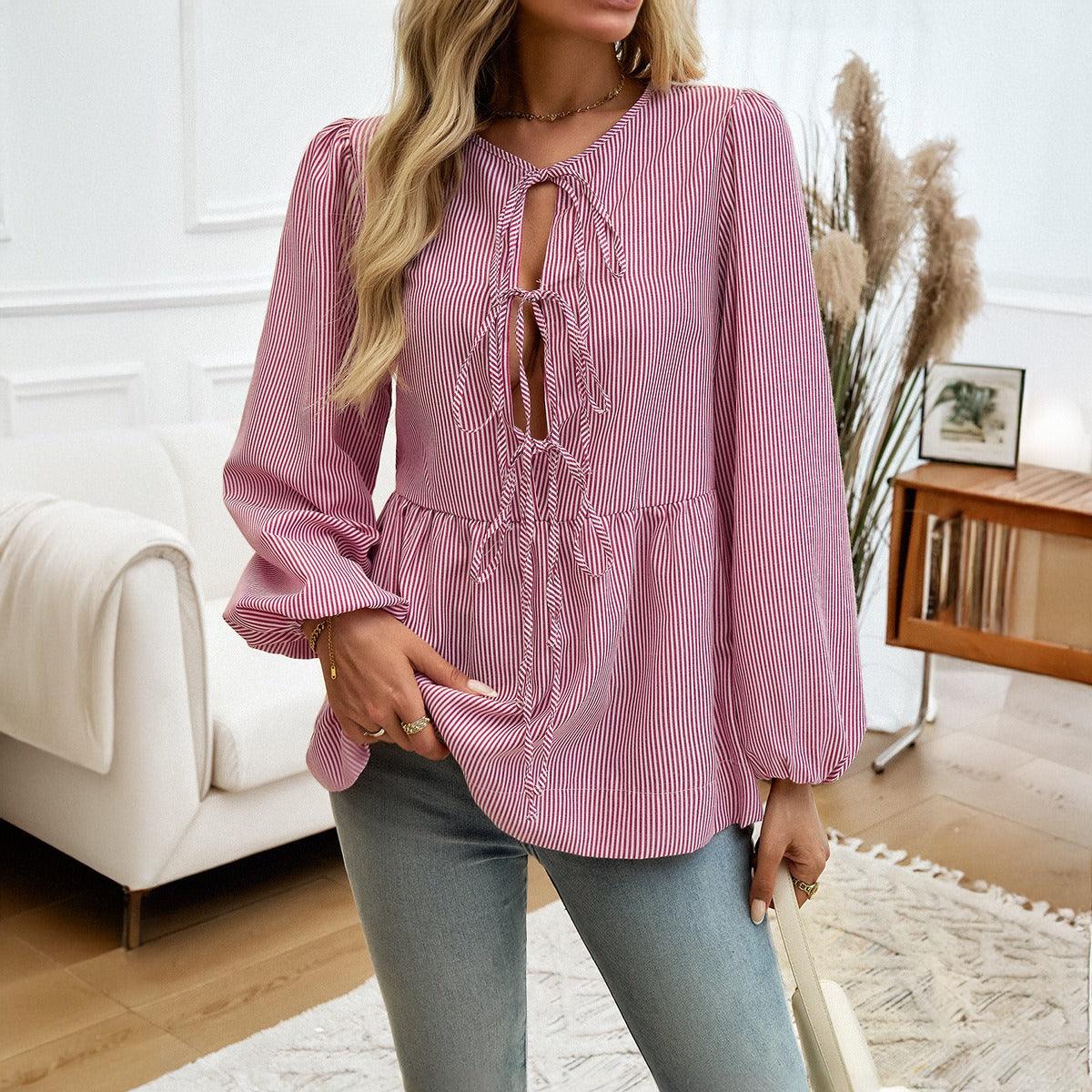 Boho Chic Striped Lace-Up Shirt - Trendy Loose Fit Casual Top for Women Country in My Heart