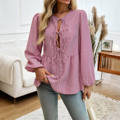 Boho Chic Striped Lace-Up Shirt - Trendy Loose Fit Casual Top for Women Country in My Heart
