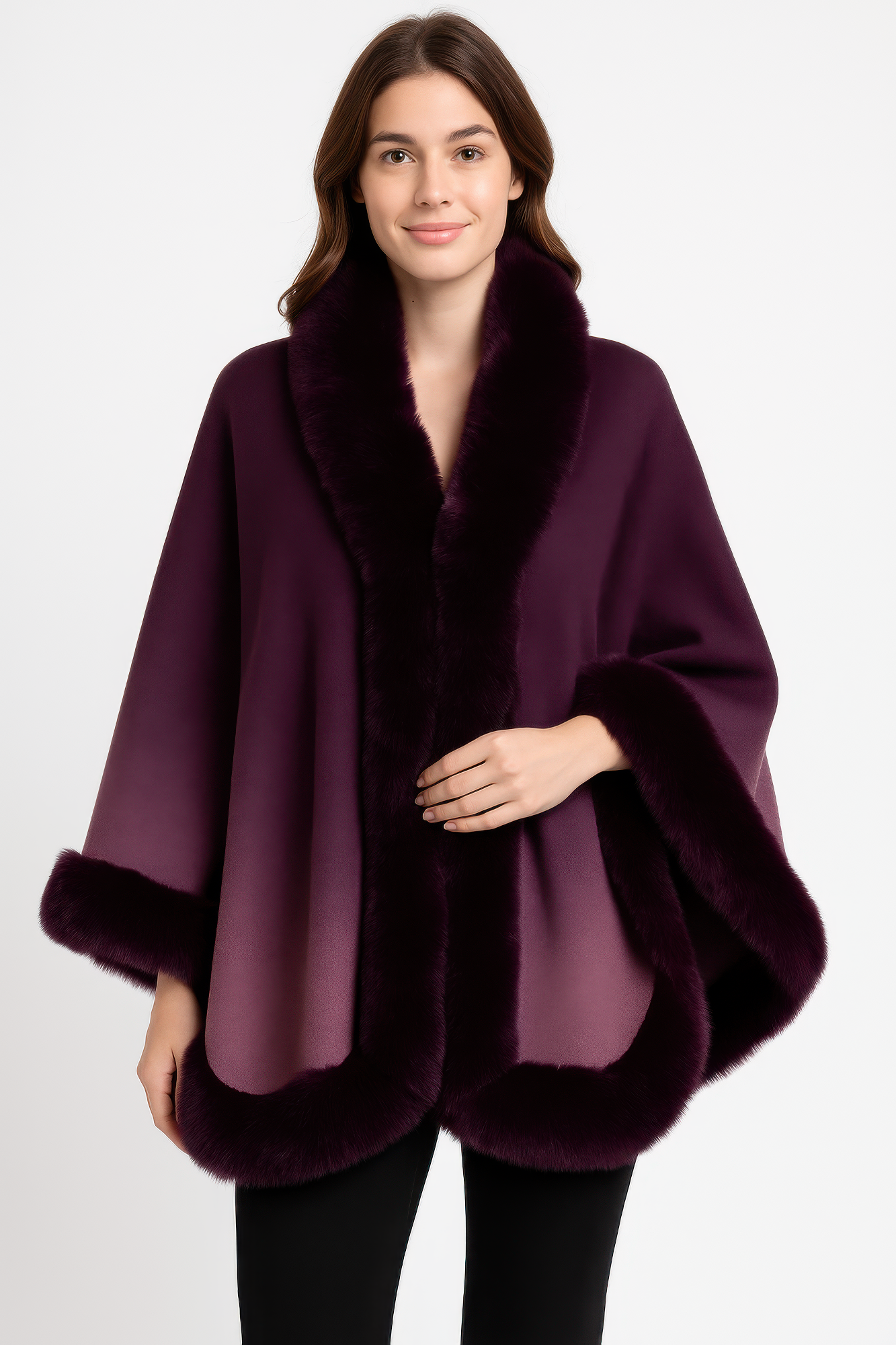 Ombre Faux Fur Trim Cape Wrap See size chart under “more details” The Fashion Celestial