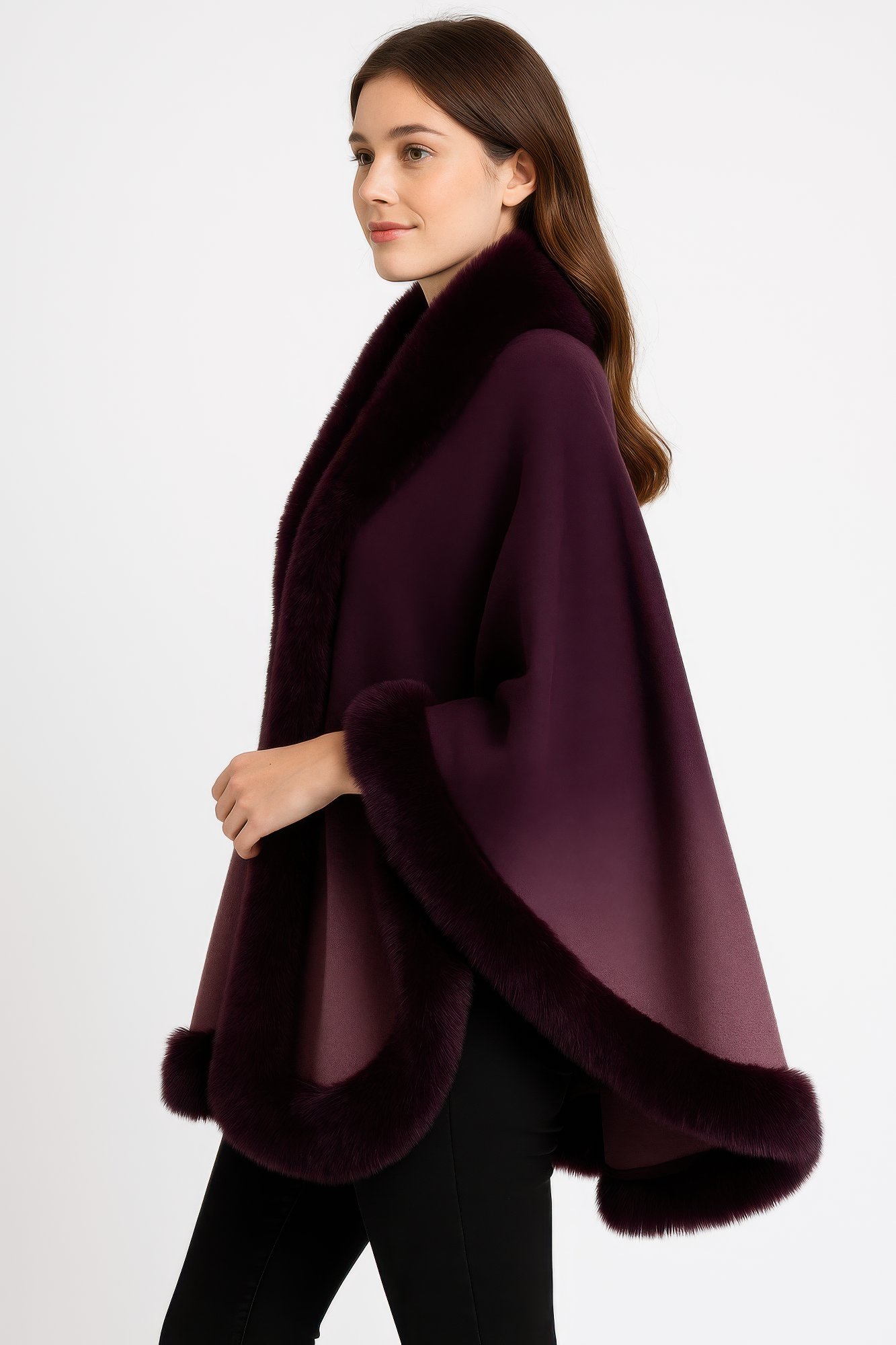 Ombre Faux Fur Trim Cape Wrap See size chart under “more details” The Fashion Celestial