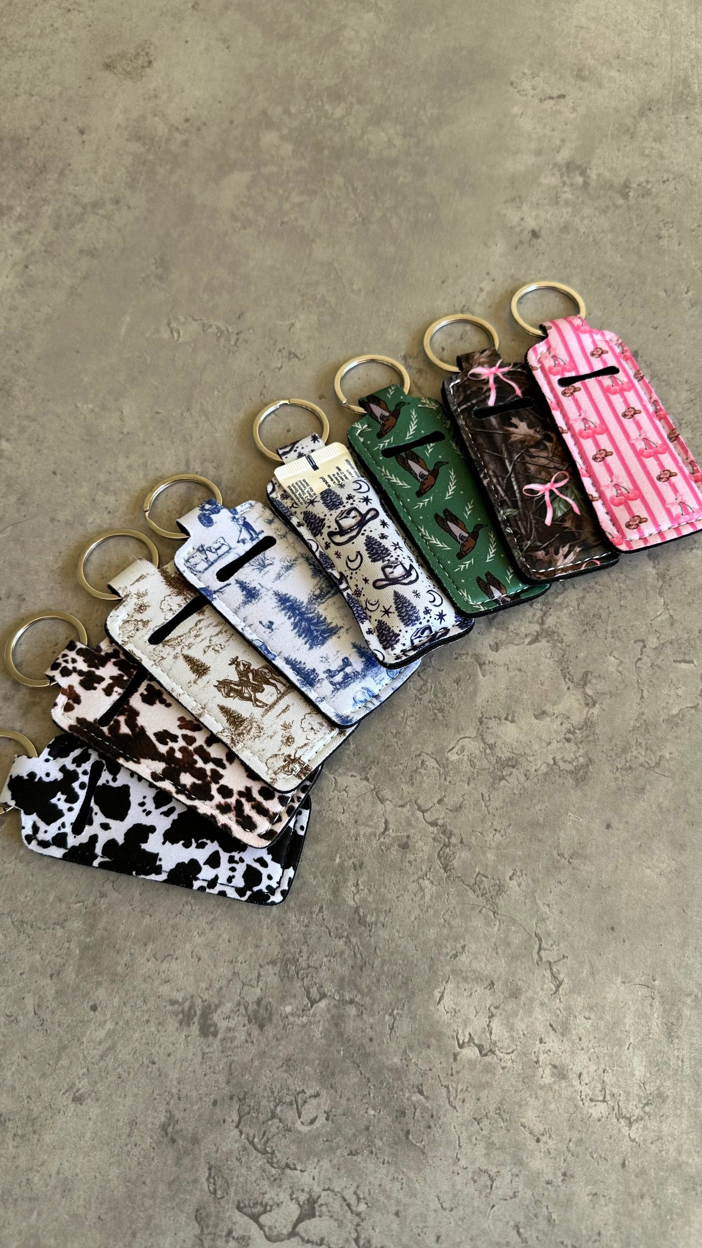 Chapstick Holder Keychain – Cow Print, Camo Pink Bow, Cowboy Toile, Barn Toile, croquette, duck, moon BashDesignsCo
