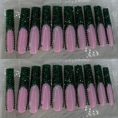 Green crystal long press on nails HOL stores