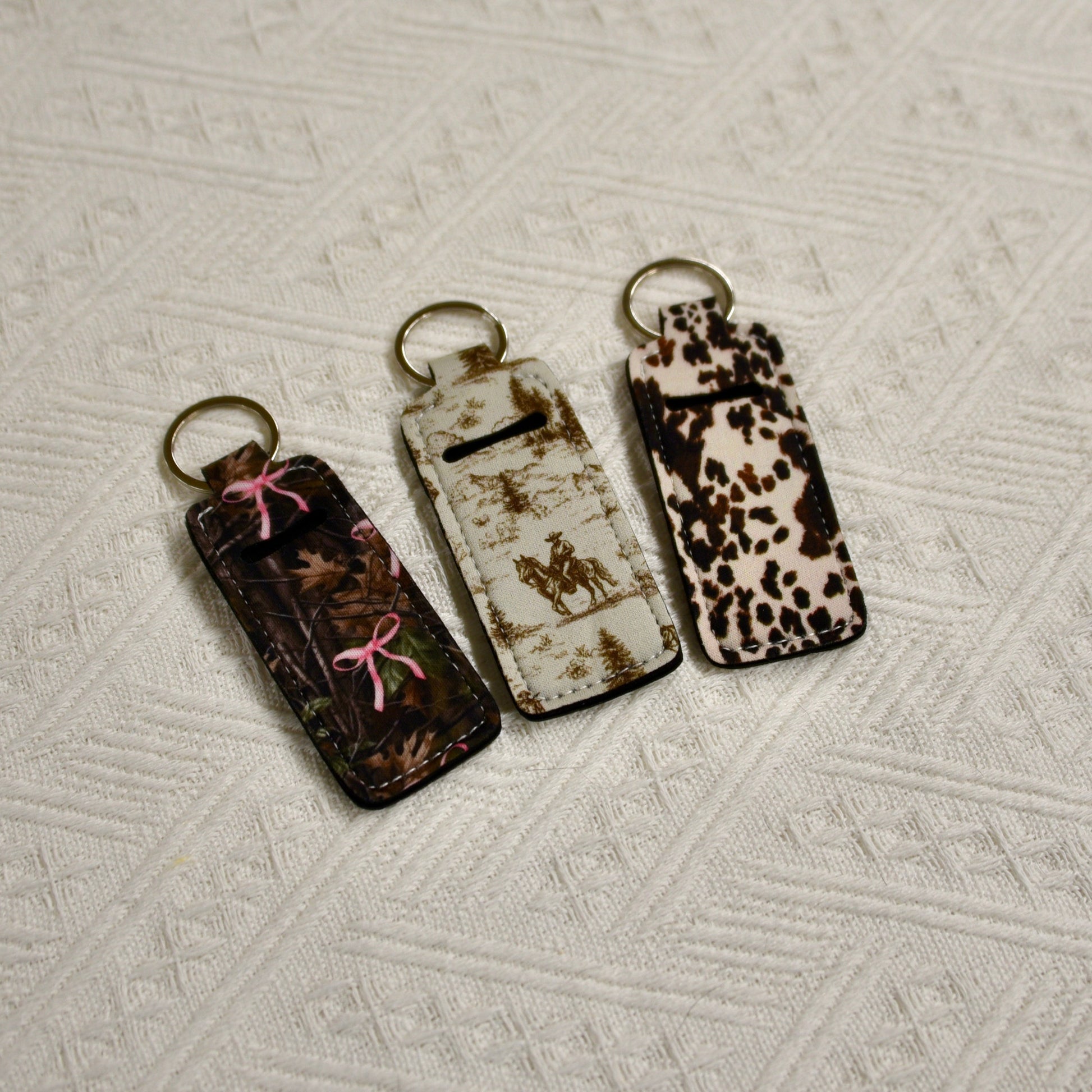 Chapstick Holder Keychain – Cow Print, Camo Pink Bow, Cowboy Toile, Barn Toile, croquette, duck, moon BashDesignsCo