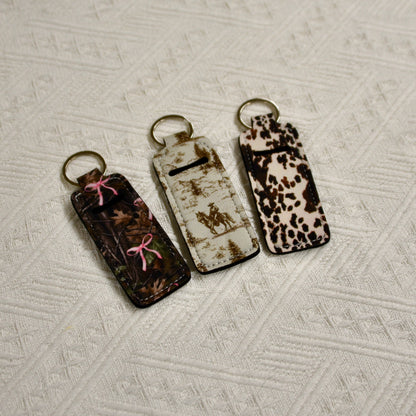 Chapstick Holder Keychain – Cow Print, Camo Pink Bow, Cowboy Toile, Barn Toile, croquette, duck, moon BashDesignsCo