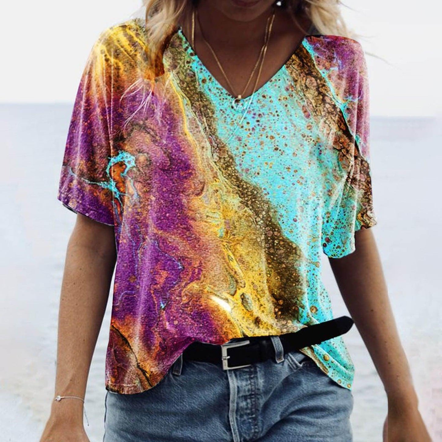 Women's Spring Glitzy V-Neck Short Sleeved Marble Print Top Country in My Heart