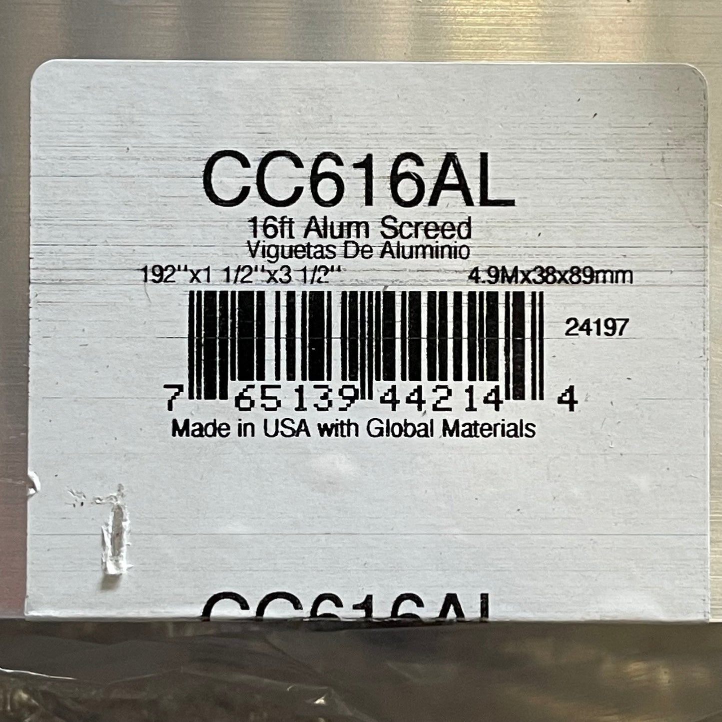 KRAFT TOOL CO. Striker Screed 192”x3-1/2”x1-1/2” ALUMINUM CC612AL PayWut