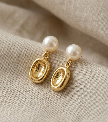"Odette" French Baroque Textured Gold & Pearl Drop Earrings Tinyloverclothing