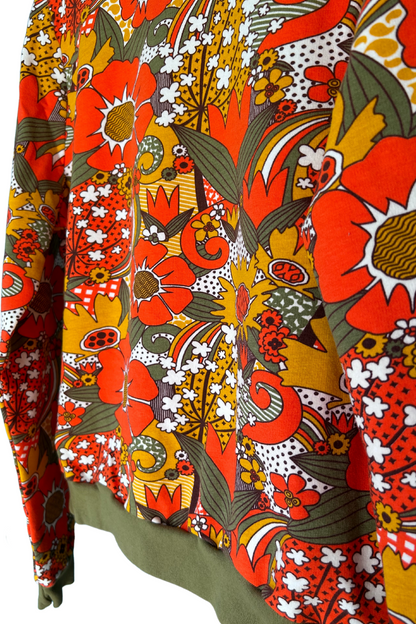 Groovy Floral Pullover in Olive & Orange Blue Platypus Clothing