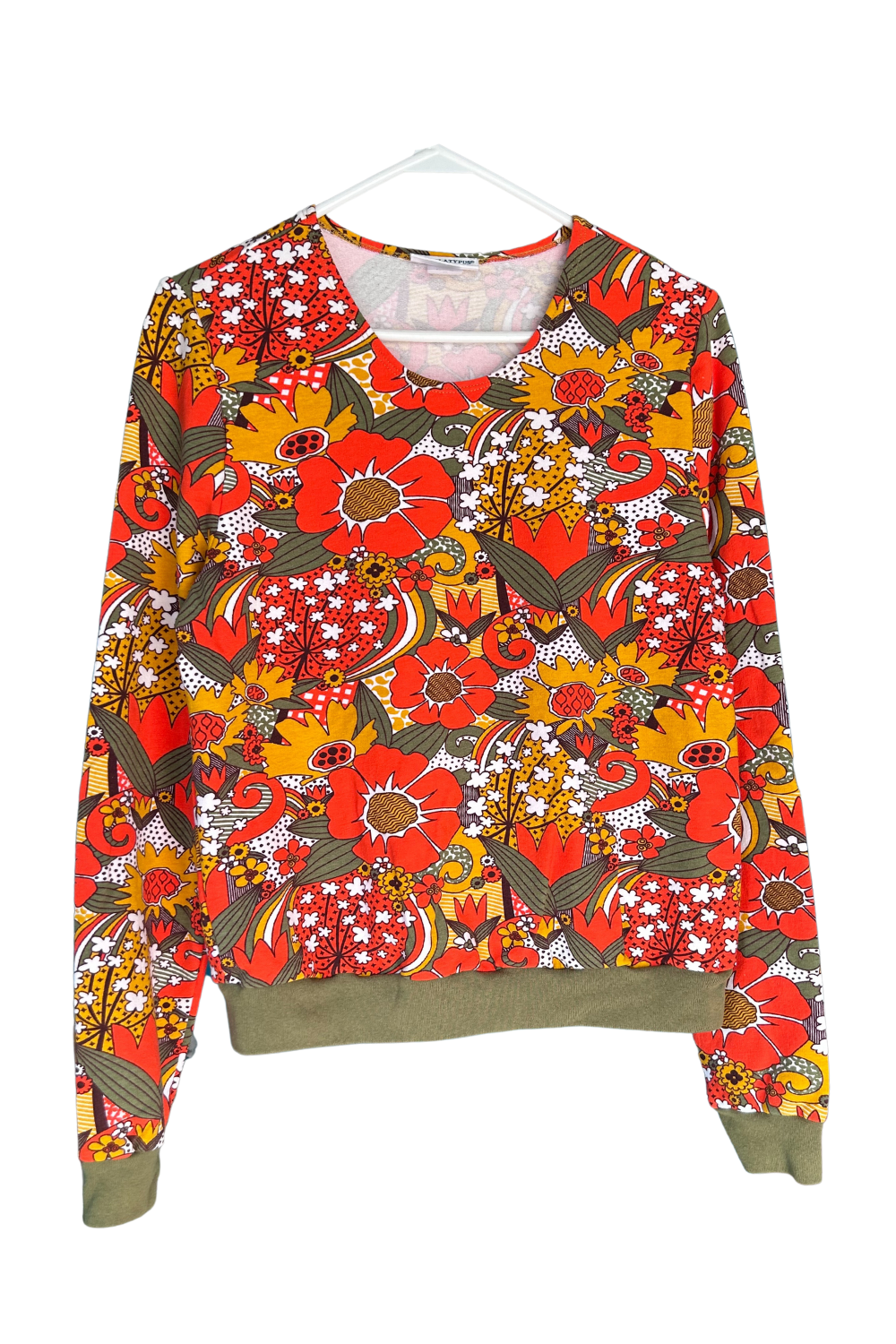 Groovy Floral Pullover in Olive & Orange Blue Platypus Clothing