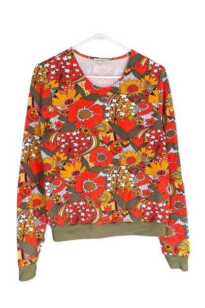 Groovy Floral Pullover in Olive & Orange Blue Platypus Clothing
