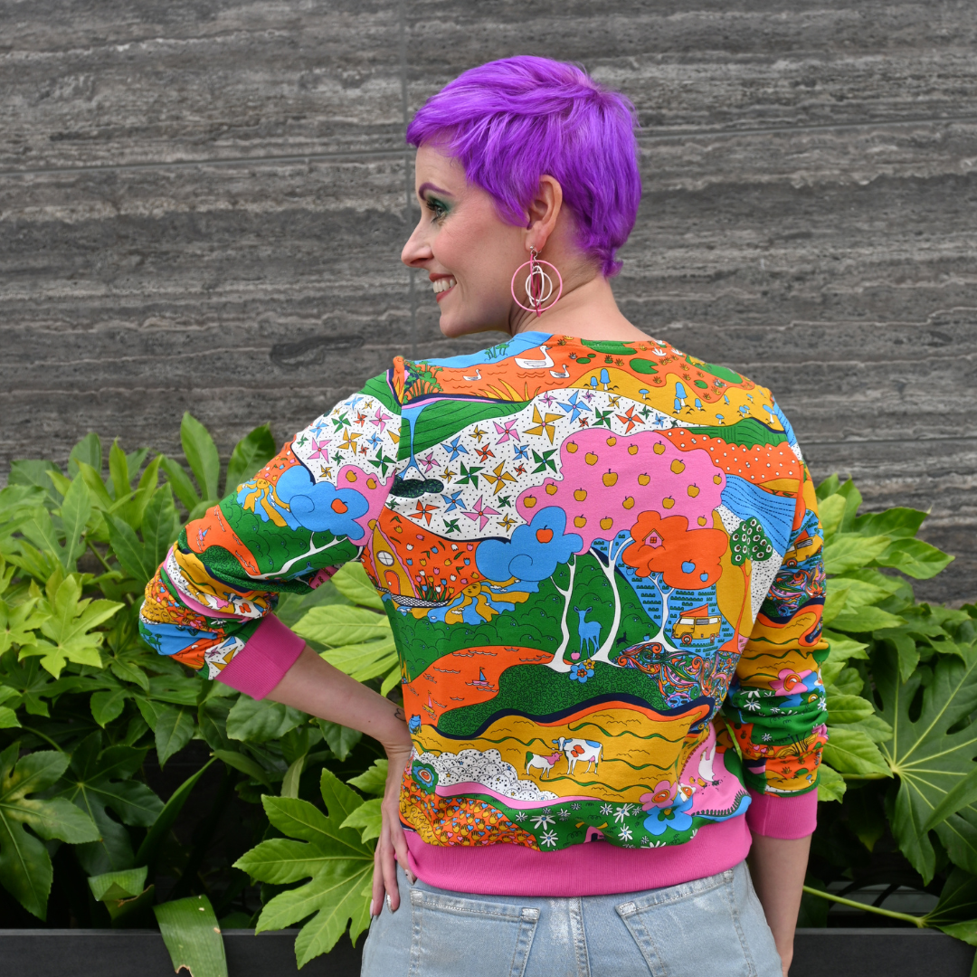Landscape Pullover in Rainbow W/ Fuchsia Cuffs Blue Platypus Clothing