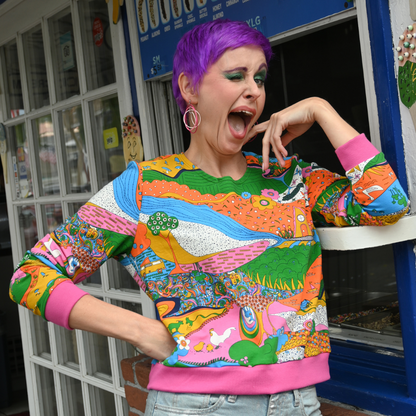 Landscape Pullover in Rainbow W/ Fuchsia Cuffs Blue Platypus Clothing