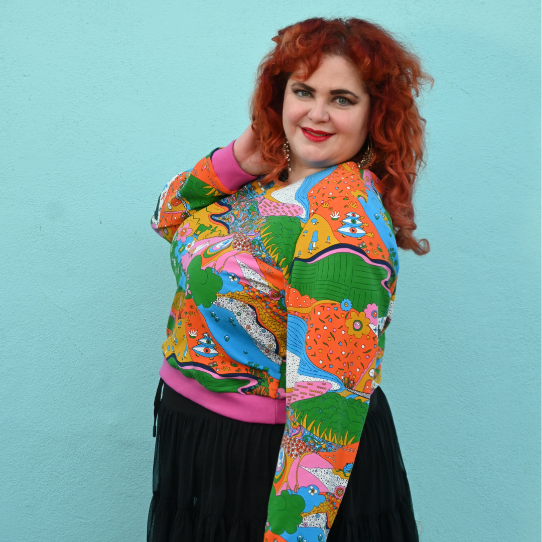 Landscape Pullover in Rainbow W/ Fuchsia Cuffs Blue Platypus Clothing