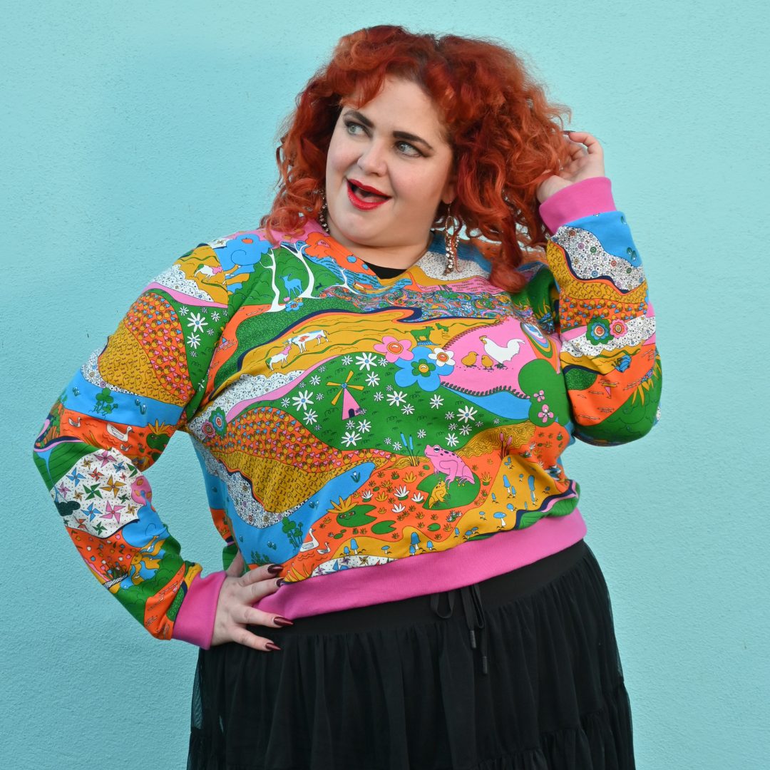 Landscape Pullover in Rainbow W/ Fuchsia Cuffs Blue Platypus Clothing
