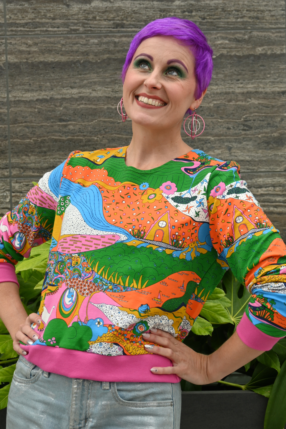Landscape Pullover in Rainbow W/ Fuchsia Cuffs Blue Platypus Clothing