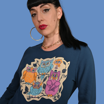 Wacky Owls Pullover in Midnight Blue Blue Platypus Clothing