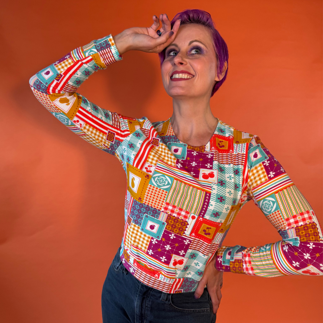 Patchwork Pullover in Magenta Blue Platypus Clothing
