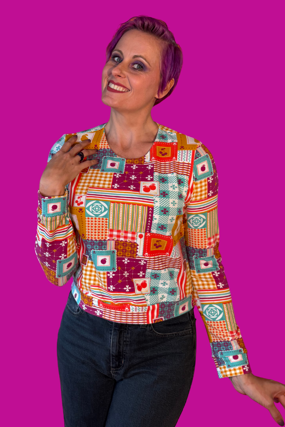 Patchwork Pullover in Magenta Blue Platypus Clothing