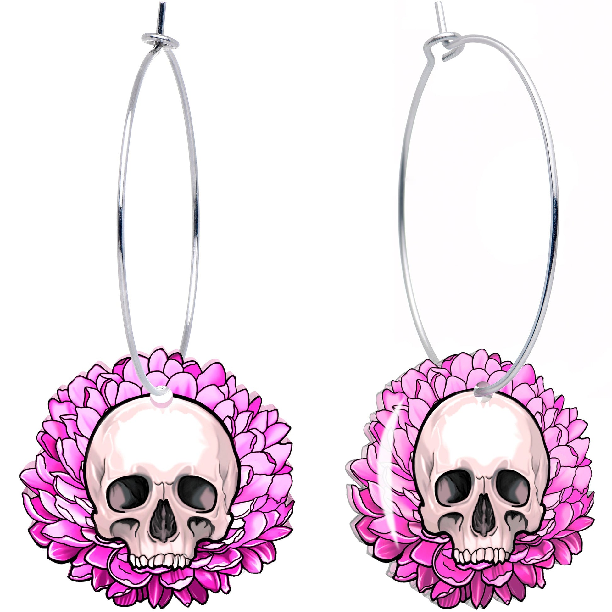 Blooming Pink Flower Skull Hoop Earrings by Onyx O BodyCandy