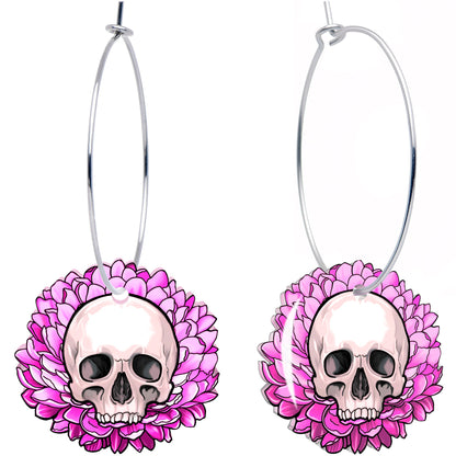 Blooming Pink Flower Skull Hoop Earrings by Onyx O BodyCandy