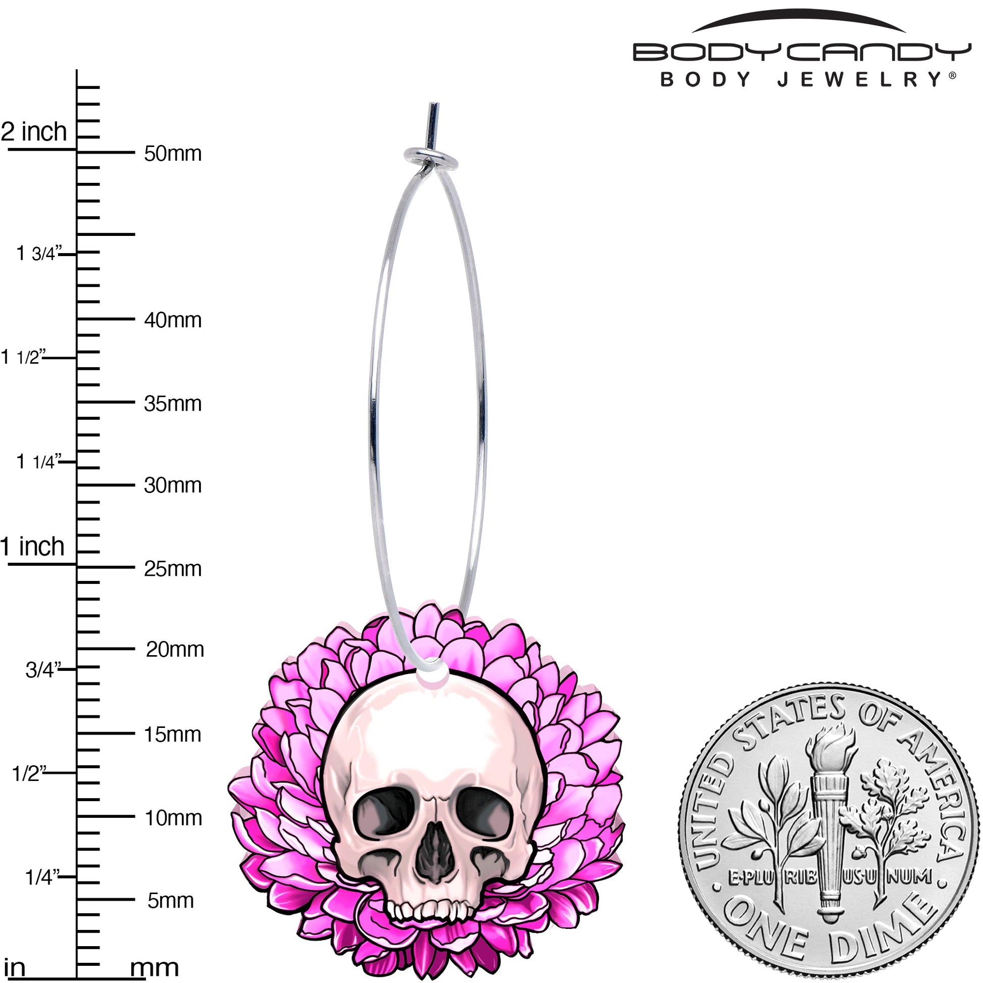 Blooming Pink Flower Skull Hoop Earrings by Onyx O BodyCandy