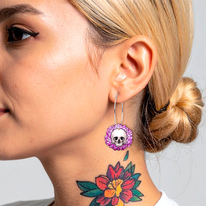 Blooming Pink Flower Skull Hoop Earrings by Onyx O BodyCandy