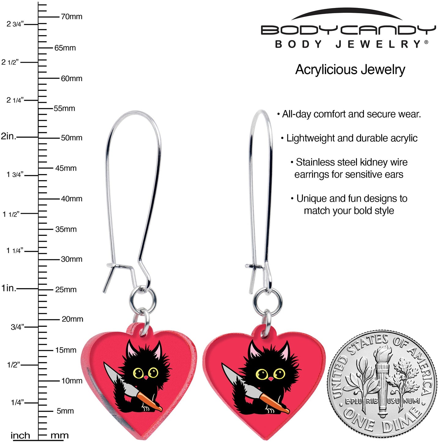 Heart Staby Cat Dangle Earrings by Onyx O BodyCandy