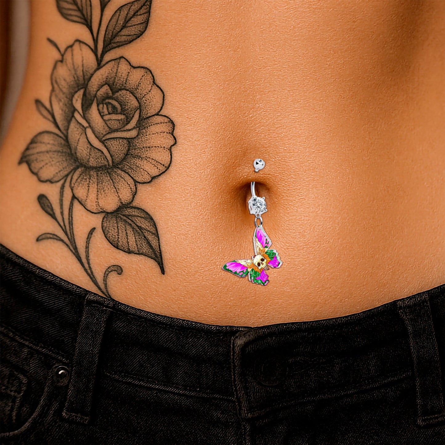 Clear Gem Butterfly Skull Dangle Belly Ring by Onyx O BodyCandy