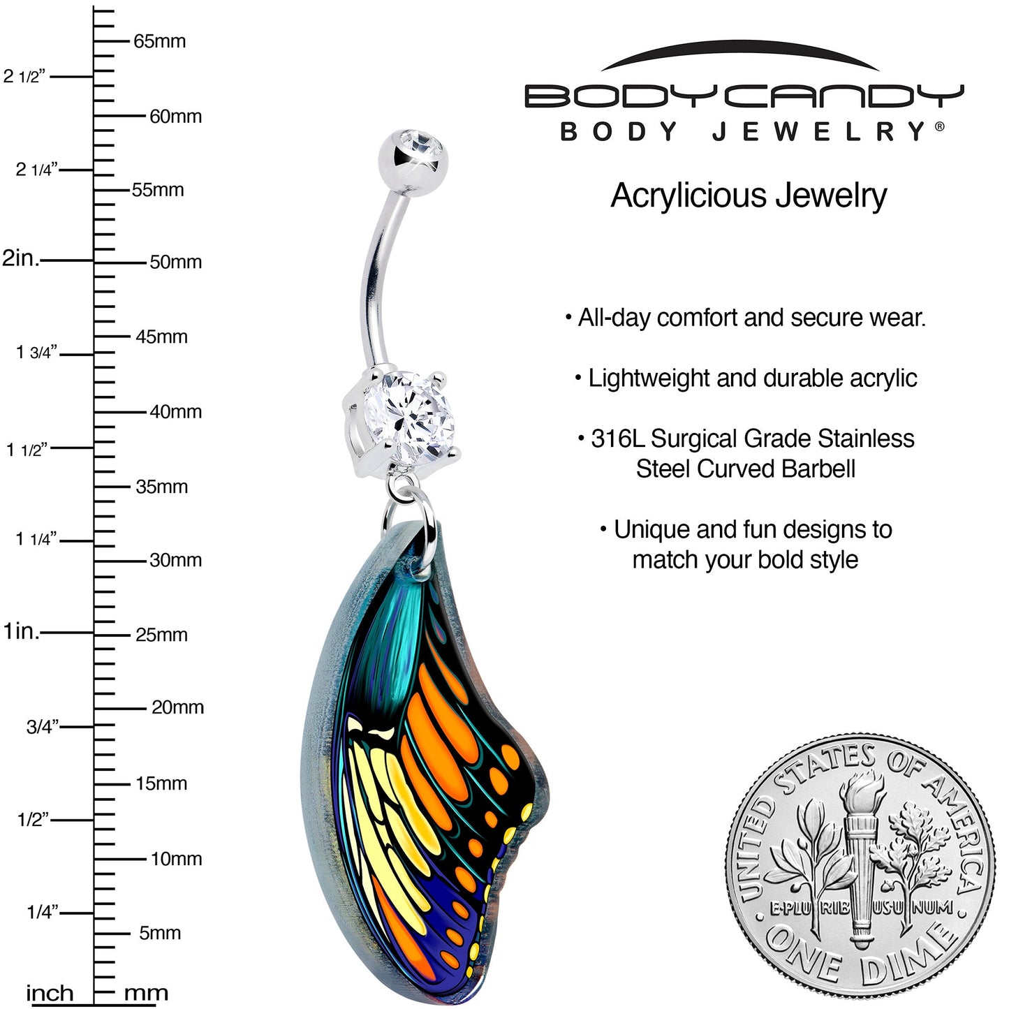Double Gem Butterfly Wing Dangle Belly Ring by Onyx O BodyCandy