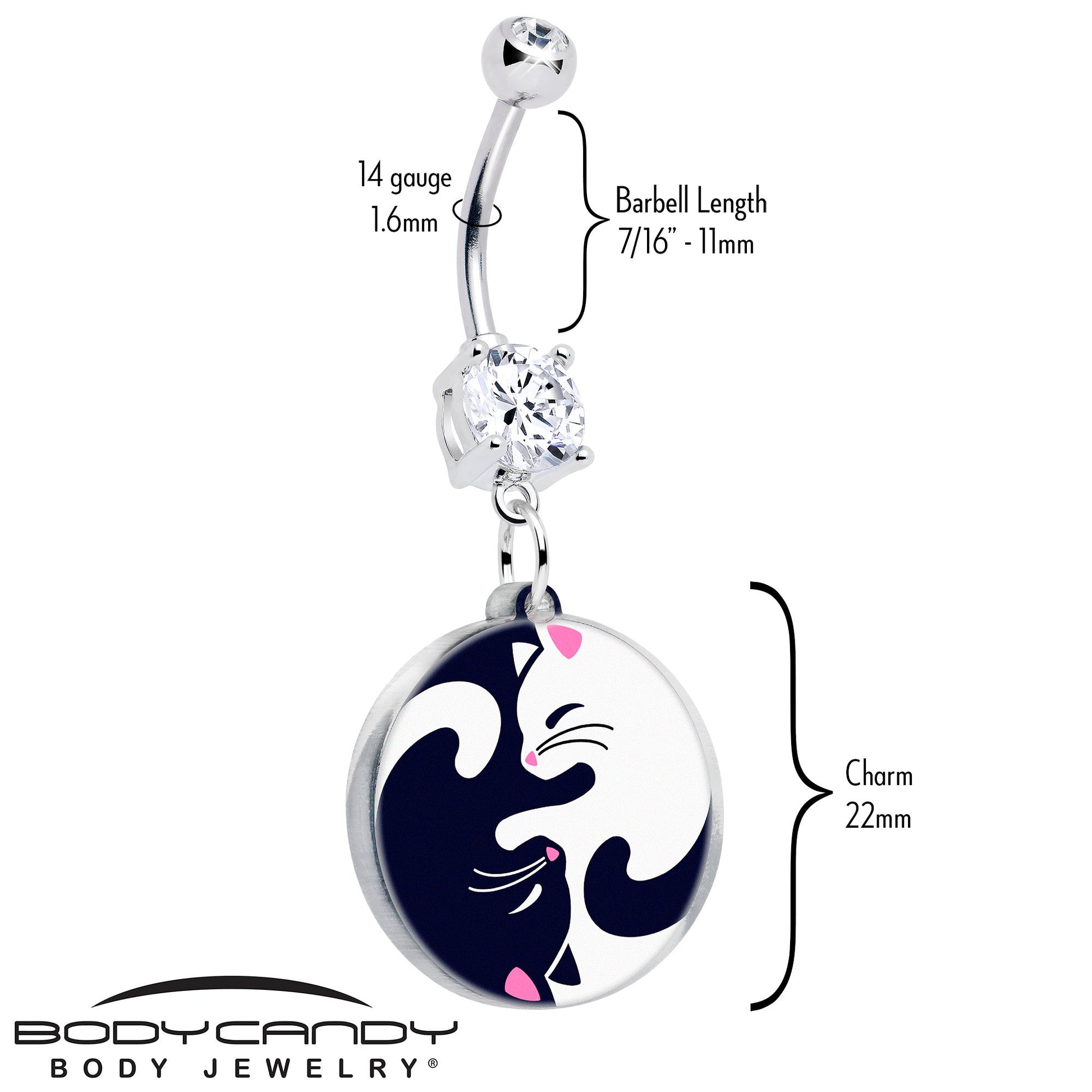 Double Gem Yin Yang Cat Dangle Belly Ring by Onyx O BodyCandy