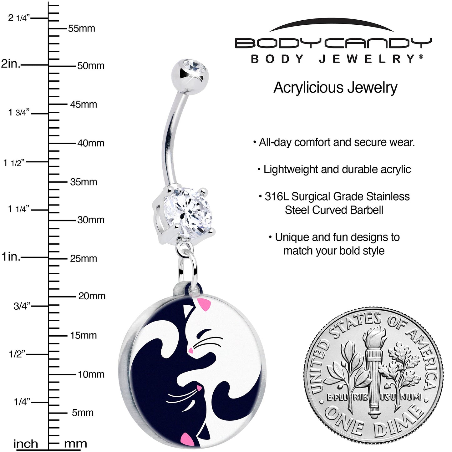 Double Gem Yin Yang Cat Dangle Belly Ring by Onyx O BodyCandy