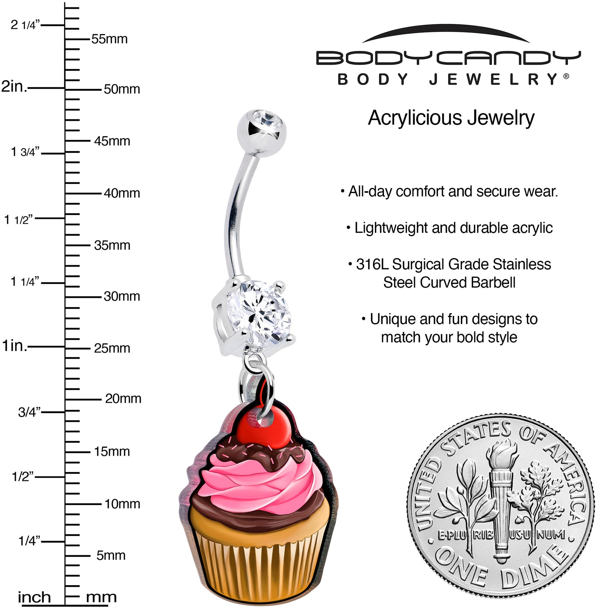 Double Gem Valentine Cupcake Dangle Belly Ring by Onyx O BodyCandy