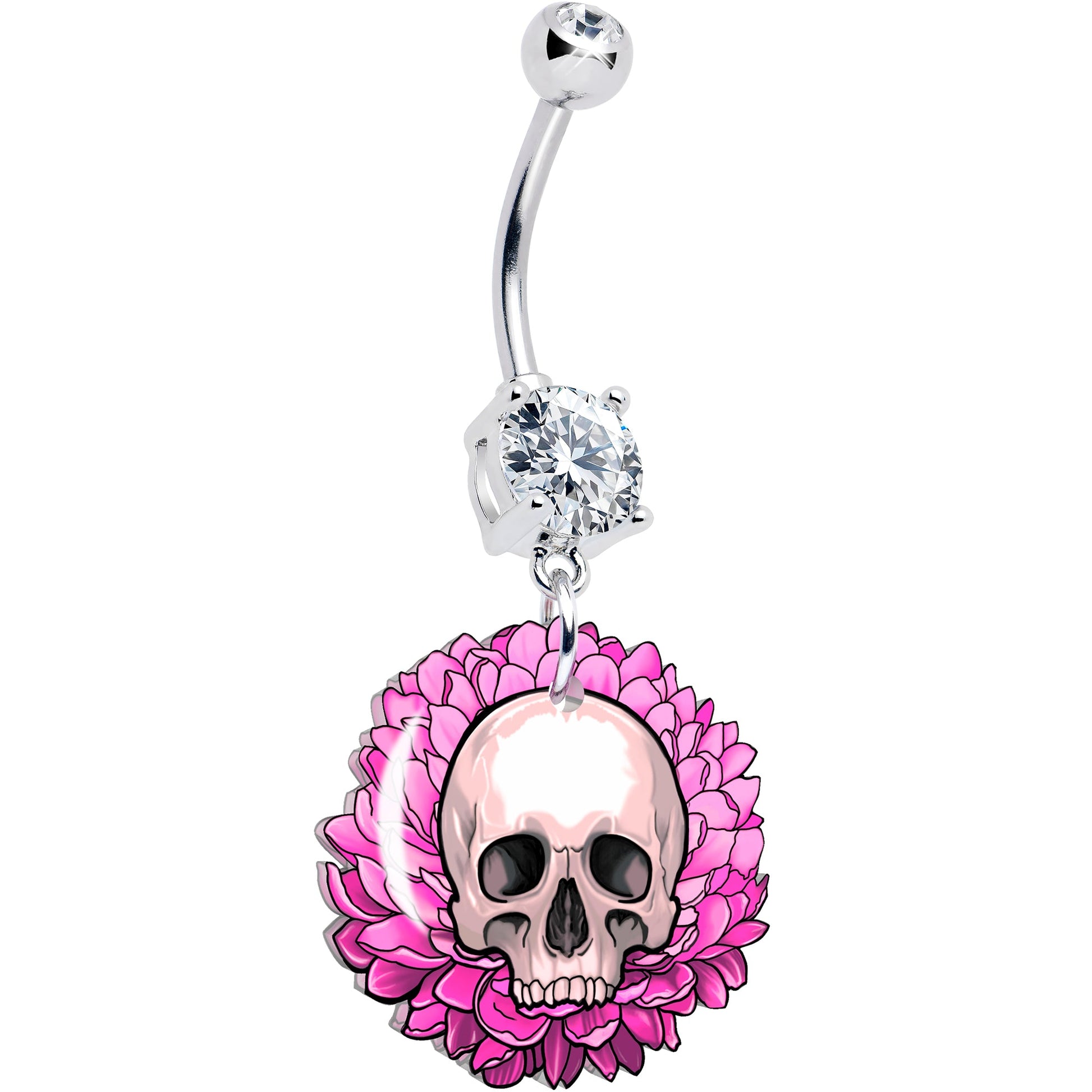 Clear Gem Blooming Pink Flower Skull Dangle Belly Ring by Onyx O BodyCandy