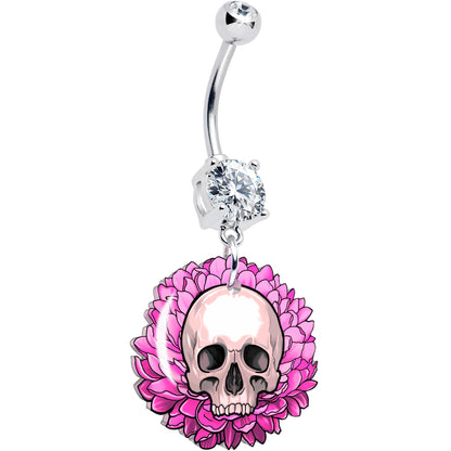 Clear Gem Blooming Pink Flower Skull Dangle Belly Ring by Onyx O BodyCandy