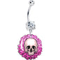 Clear Gem Blooming Pink Flower Skull Dangle Belly Ring by Onyx O BodyCandy