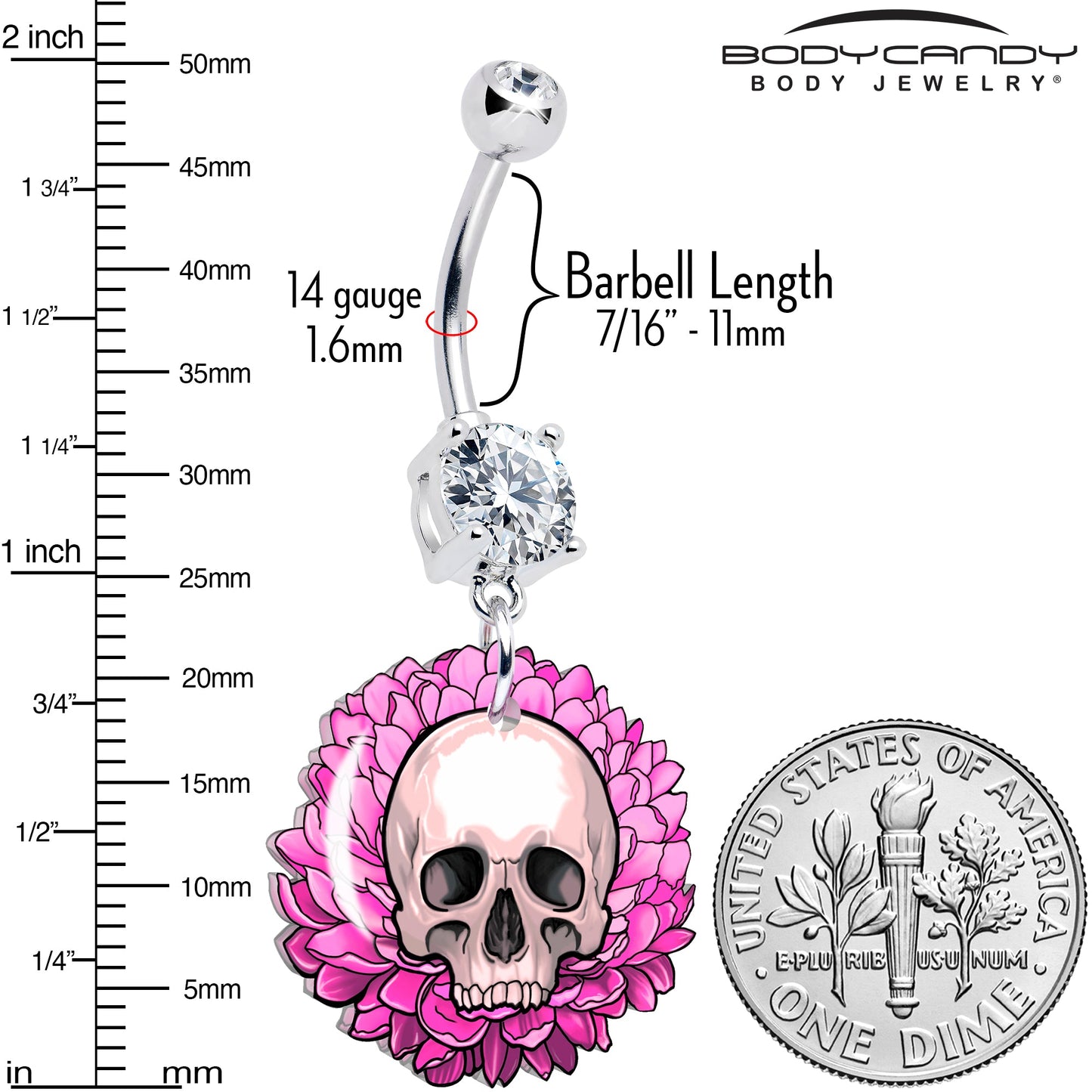 Clear Gem Blooming Pink Flower Skull Dangle Belly Ring by Onyx O BodyCandy