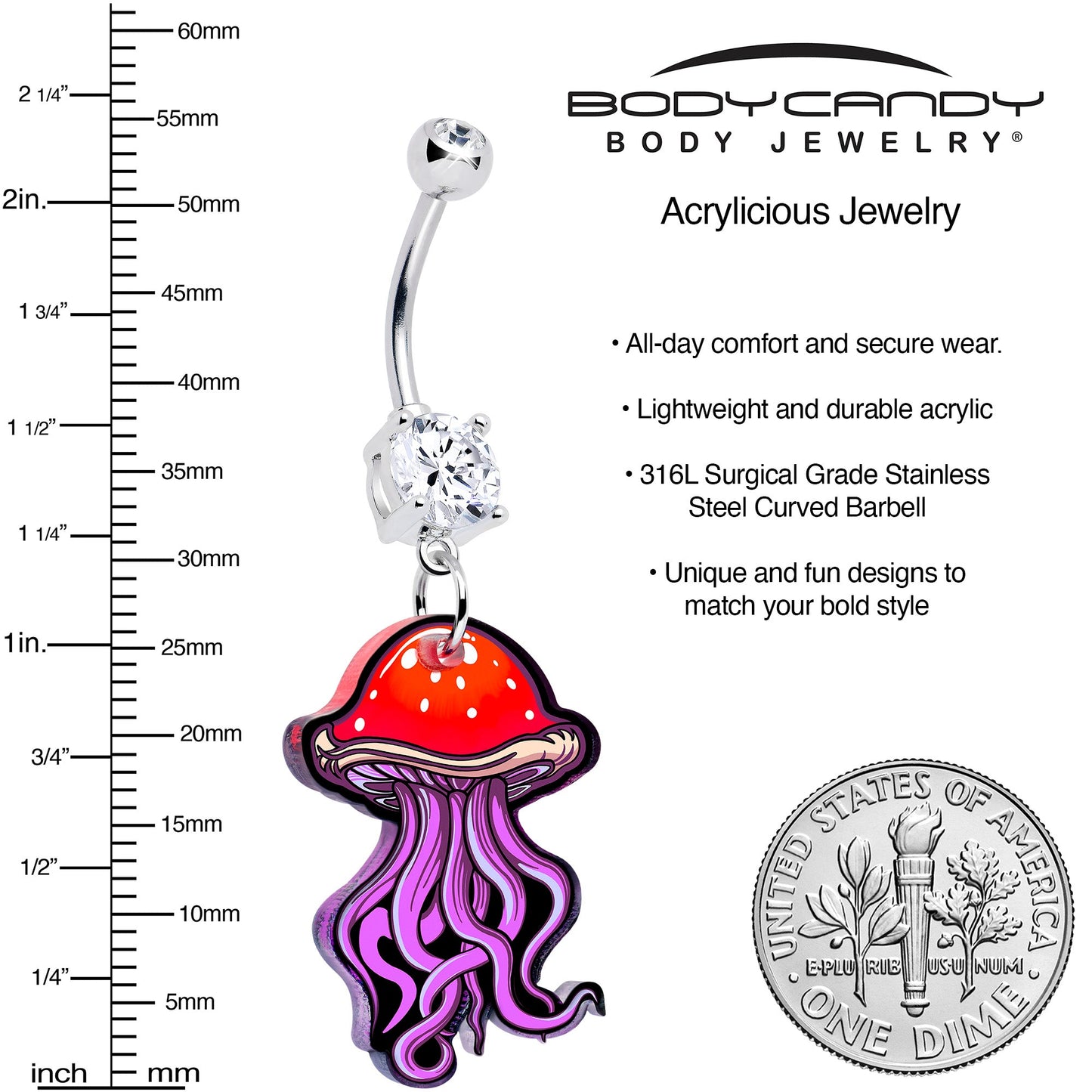 Double Gem Mushroom Jellyfish Dangle Belly Ring by Onyx O BodyCandy