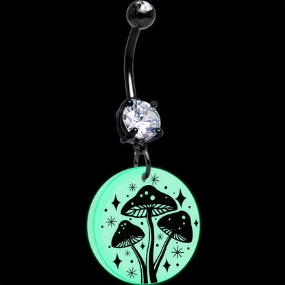 Black Double Gem Glow in the Dark Mystic Mushroom Dangle Belly Ring by Onyx O BodyCandy