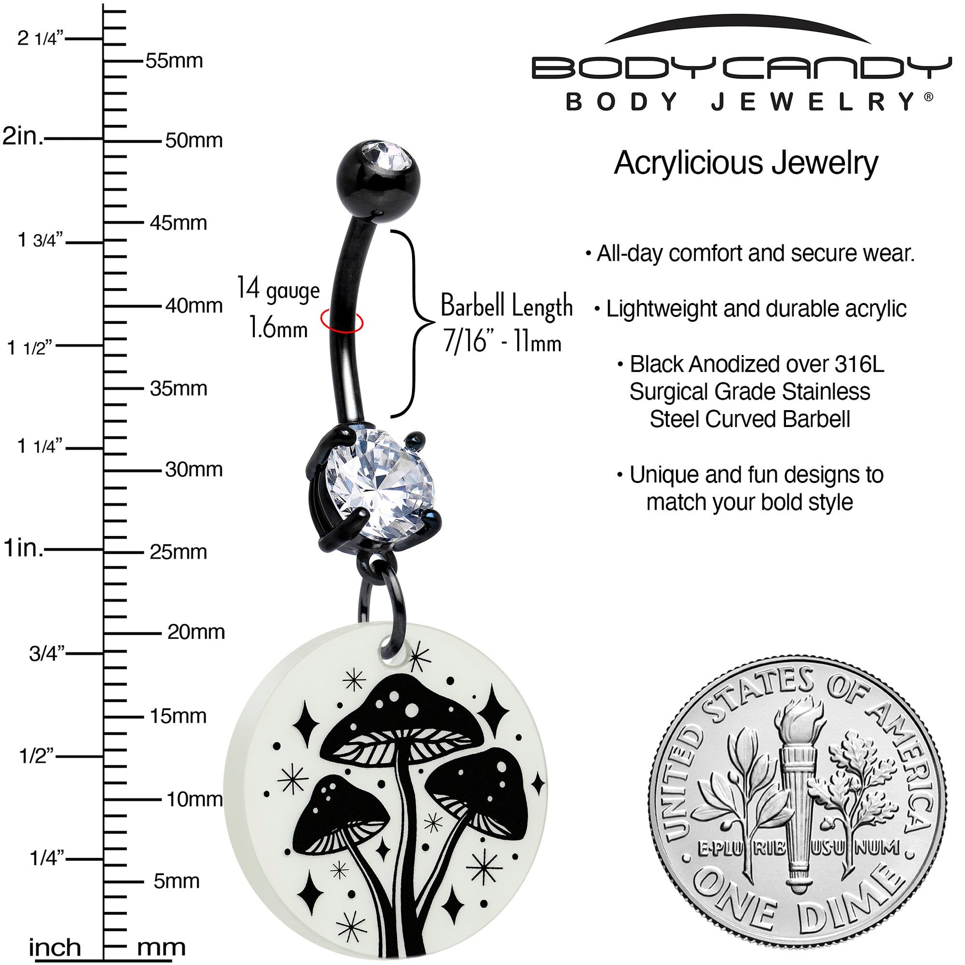 Black Double Gem Glow in the Dark Mystic Mushroom Dangle Belly Ring by Onyx O BodyCandy