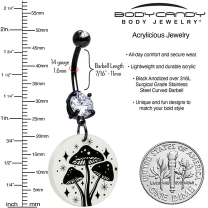 Black Double Gem Glow in the Dark Mystic Mushroom Dangle Belly Ring by Onyx O BodyCandy