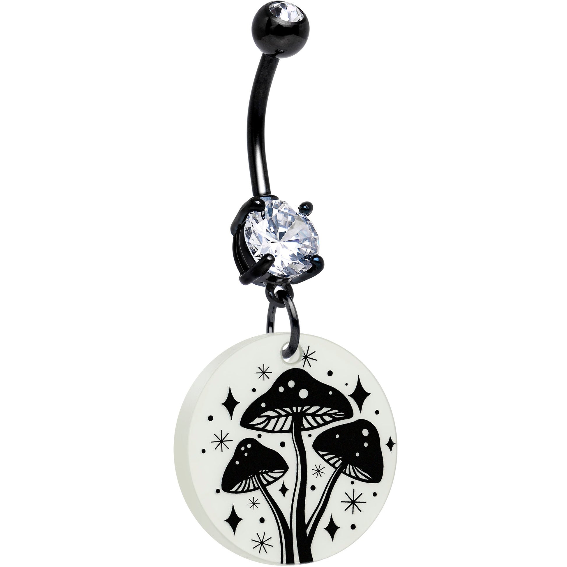 Black Double Gem Glow in the Dark Mystic Mushroom Dangle Belly Ring by Onyx O BodyCandy